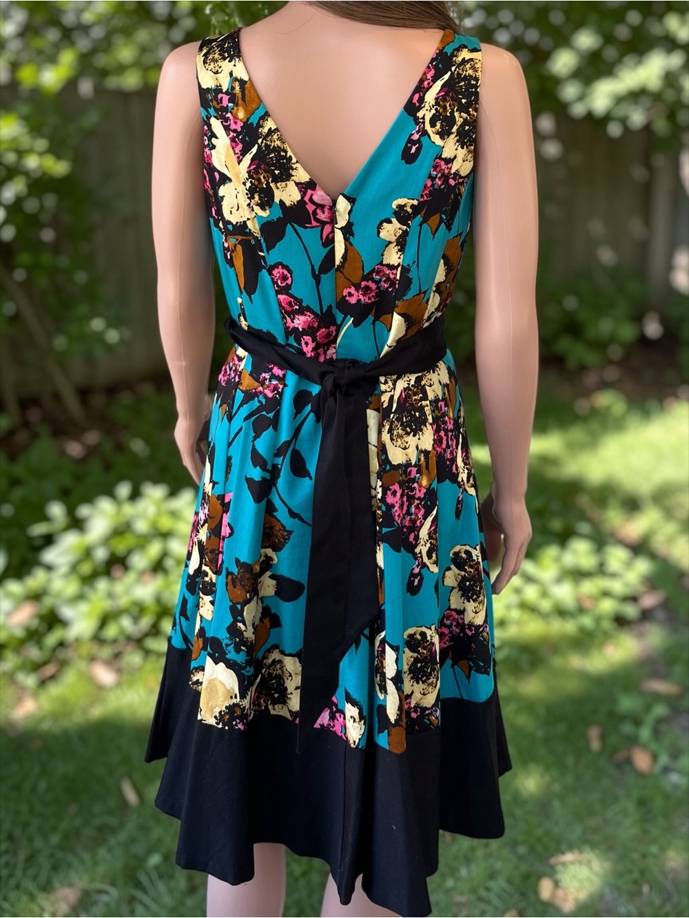 Nine West Teal Floral Fit & Flare Dress Size 6 Belted Cotton Stretch Y2K - Picture 8 of 10